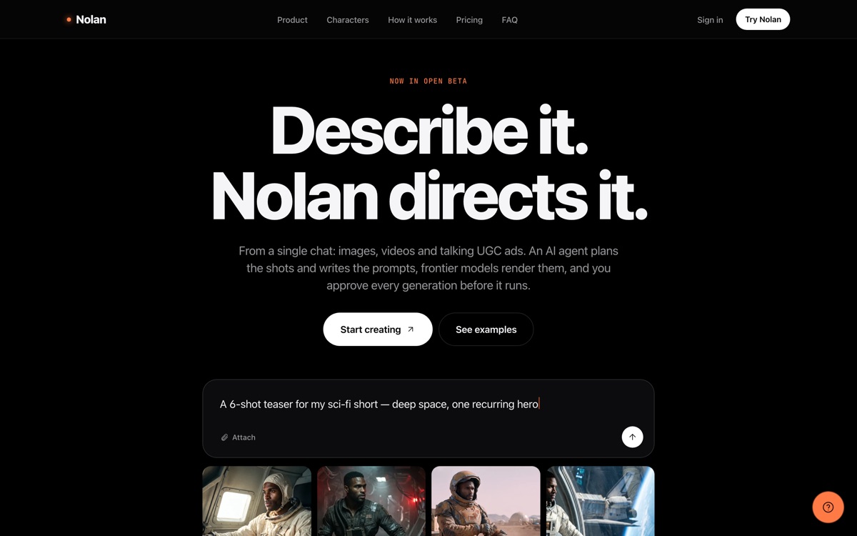 Nolan: een chatvak waarin je beschrijft welk shot je wilt, boven een rij gegenereerde stills