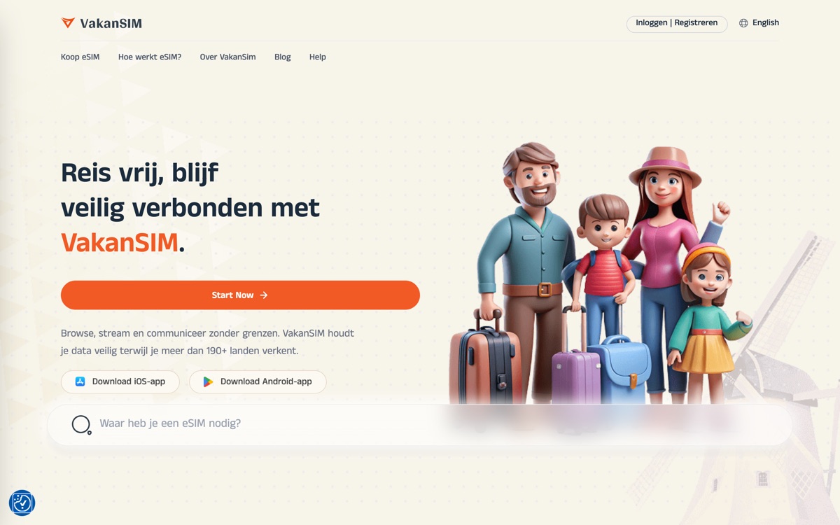 VakanSIM: de homepage met een bestemmingszoeker en downloadknoppen voor de apps